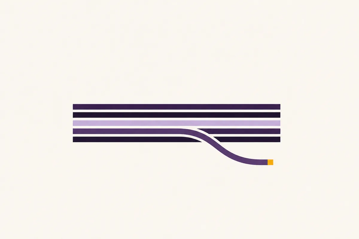 Five parallel horizontal bars in shades of purple, with one lane breaking away in a curved path that ends at a small amber square.