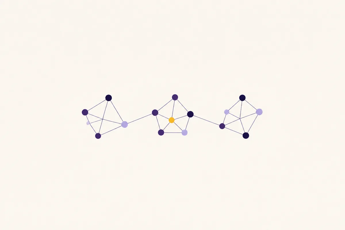 Three small clusters of connected dots resembling mini networks, linked in a row, with the centre cluster's middle node highlighted in amber.