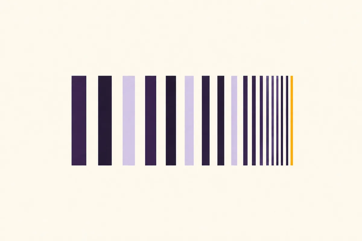 A row of vertical bars in varying widths and shades of purple, narrowing toward the right and ending in a single bright amber bar.