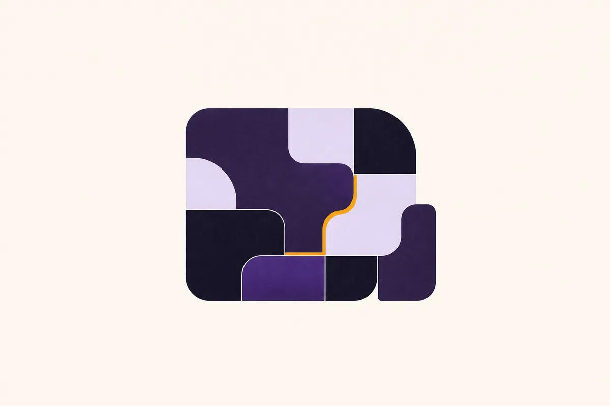 Rounded rectangular panels in purple and navy fitted together like a control panel, joined by a thin amber seam.